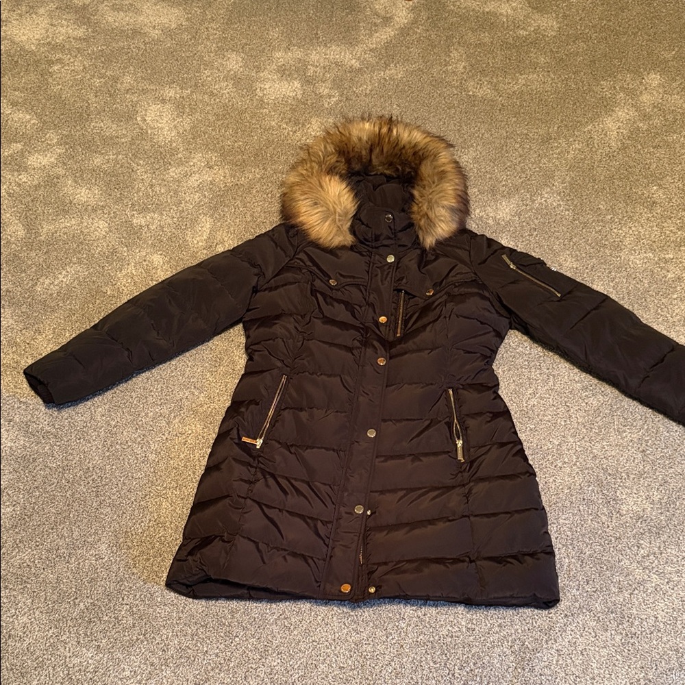 Michael Kors Black Puffer Coat with Faux Fur Hood